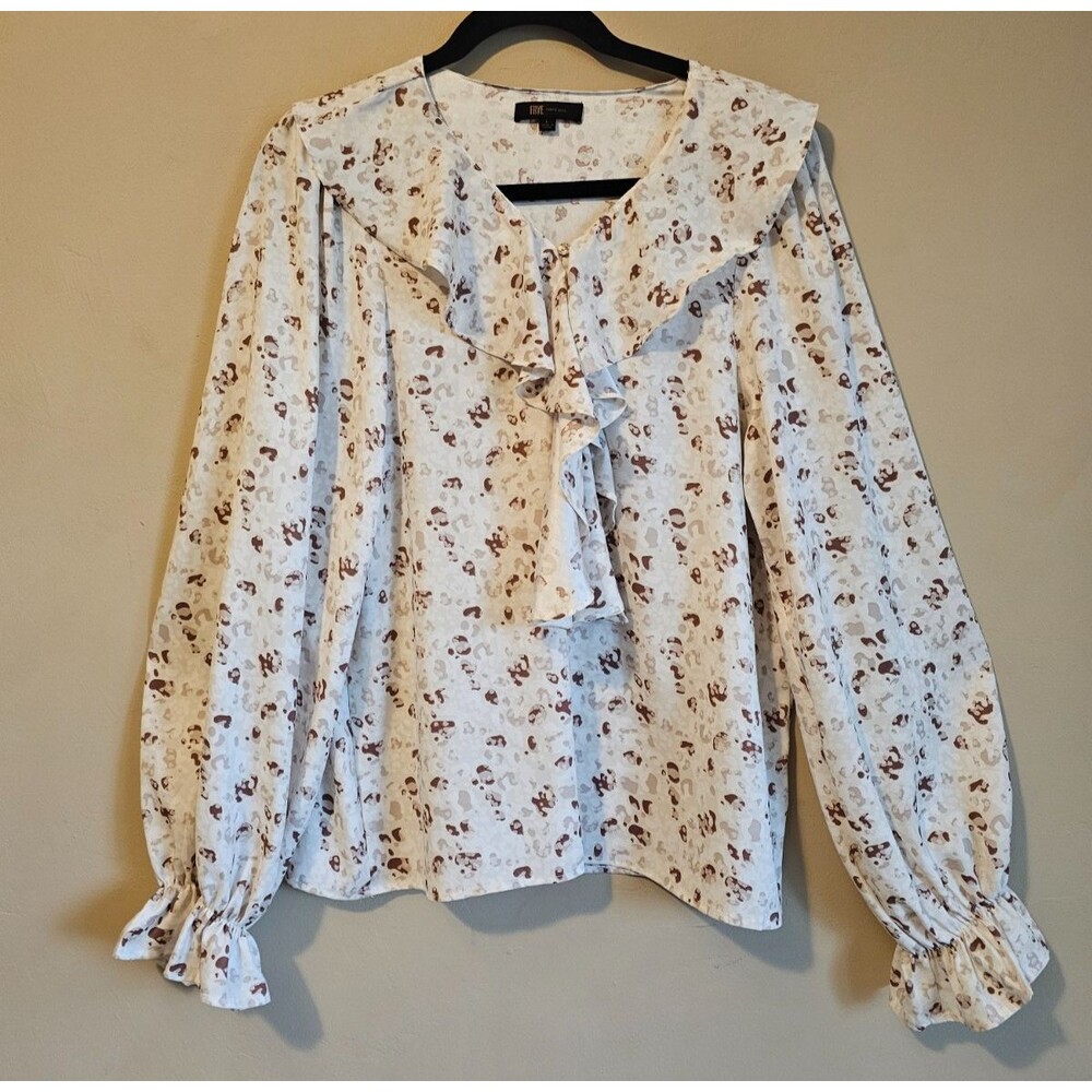 Frye Saltbreeze Combo Long Sleeve Ivory Brown Lightweight Ruffled Blouse Large